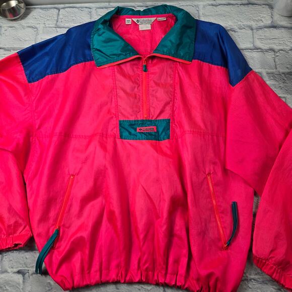 VTG 90s Columbia Men's Jacket Hot Pink Colorblock 1/4 Zip Windbreaker Pullover L - Picture 2 of 16